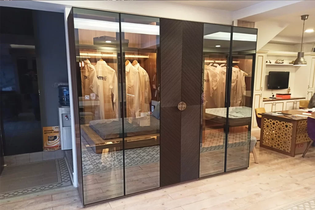 Wardrobe closet with glass doors led light